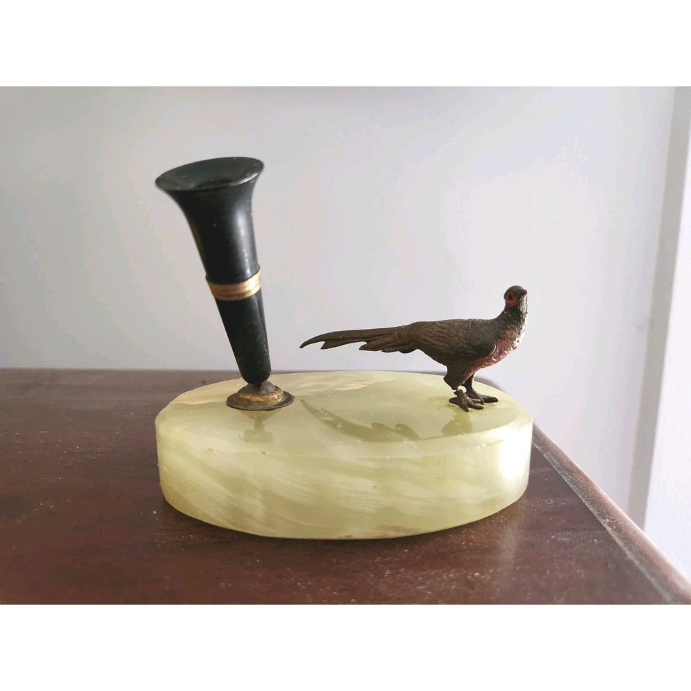Antique Pen Holder Cold Painted Bronze Pheasant Bird Alabaster Art Deco Fountain